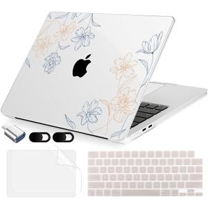 MecBevia Compatible with 2026 M5 MacBook Air 13 inch Case 2026 2025 2024-2022 M5 A3449 M4 A3240 M3 A3113 M2 A2681, Keyboard Cover, Screen Protector, Webcam Cover & Type-C OTG, Engraved Floral