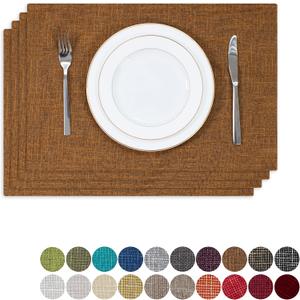Kevin Textile Faux Linen Heat Resistant Placemats for Dining Table Set of 4, Easy to Clean Anti-Slip Place Mats, 13" x 19", Hazel Brown