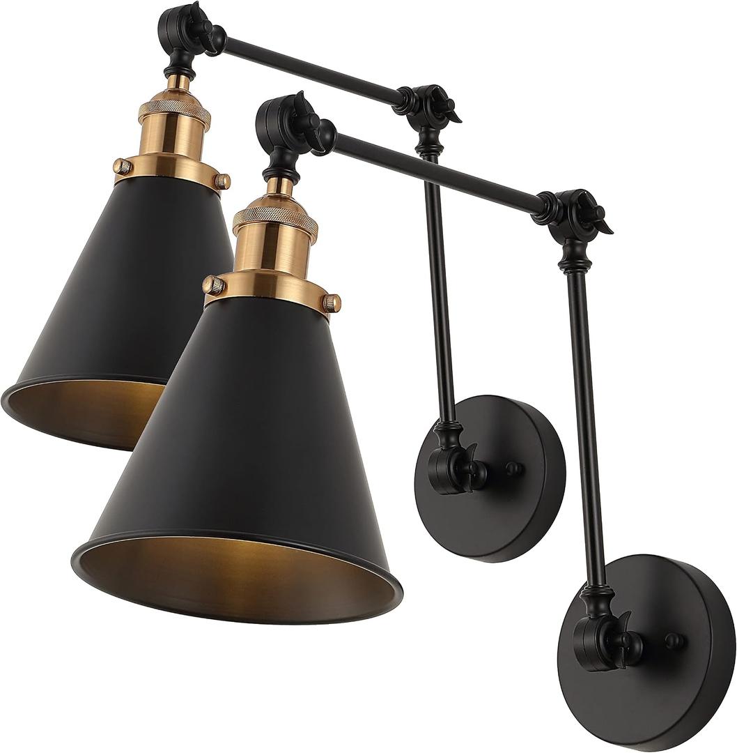 JONATHAN Y 7" Black/Brass Gold Classic Industrial Metal Adjustable Arm LED Wall Sconce for Bedside Reading, Farmhouse Swing Arm Wall Lamp with Metal Shade, Hardwired (JYL7462A-SET2), Set of 2