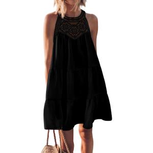 BTFBM Women Summer Dresses 2025 Casual Spring Clothes Sleeveless Halter Neck A-Line Tiered Mini Dress Beach Sundress (Black, L)