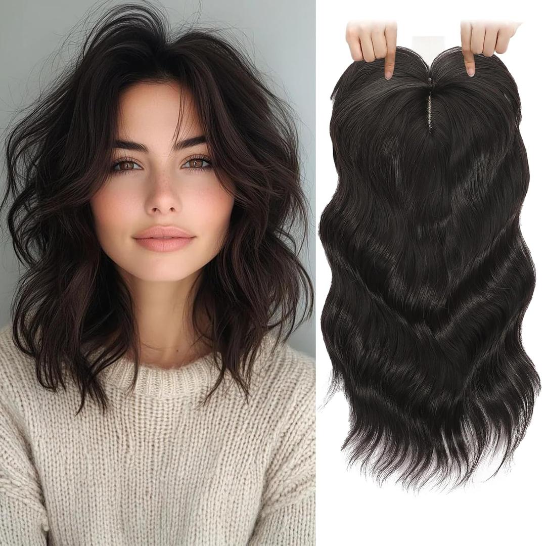 TYQ Hair Toppers for Women with Thinning Hair,14 Inch 360 3D Synthetic Curly Wavy Side Part Clip in Bangs(Brown Black)