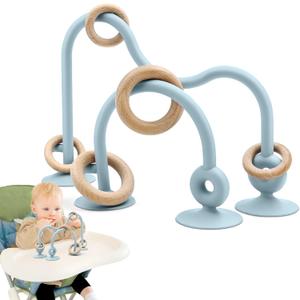 Baby Sensory High Chair Suction Toys for Infant Toddlers 6 12 18 24 Months, Food Grade Silicone String with Oak Loop Montessori Educational Parent-Child Baby Bath Toy, (Blue)