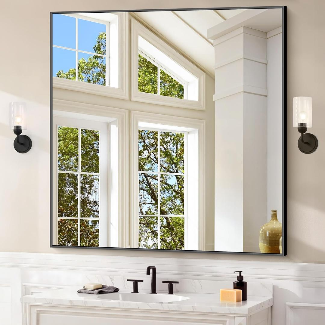 Black Bathroom Mirror for Wall, 42x42 Inch Wall Mounted Rectangle Mirrors with Metal Frame, Large Modern Vanity Wall Square Mirror for Bathroom Living Room, Entryway