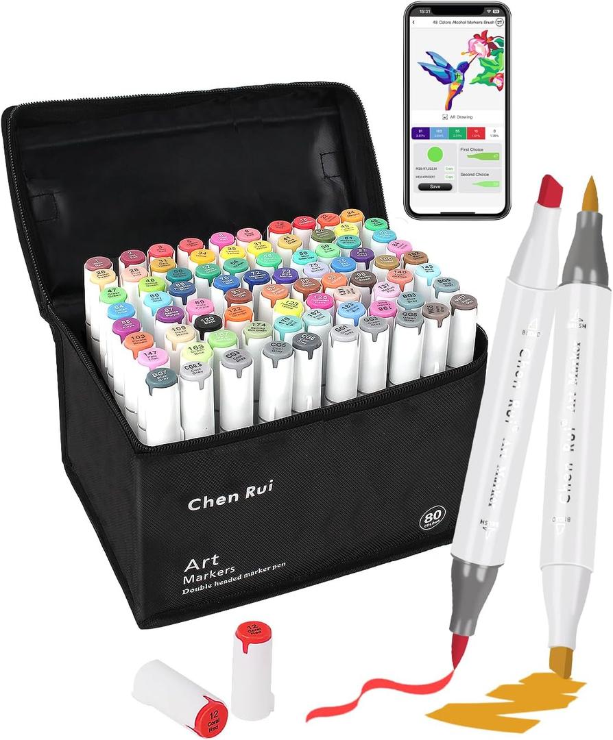 YHC 80 Colors Alcohol Markers Brush Tip with Free App, Chen Rui Dual Chisel & Brush Tips Alcohol Based Markers for Adults Coloring, Alcohol Brush Pens for Drawing, Painting, Illustration, Sketching