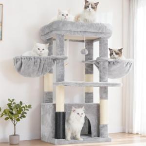Hey-brother Cat Tree Tower with Extra Large Platform, Spacious Condo, 2 Cozy Hammocks, Self-Grooming Brush, Sisal Scratching Posts for Big Indoor Adult, Maine Coon, 35.4 Inches, Light Gray MPJ060W