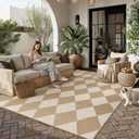Outdoor Plastic Checkered Rug Waterproof Patio 8x10 Beige Brown Diamond Geometry Mat for Porch Camping RV Balcony Deck Courtyard Reversible Lightweight Durable Portable