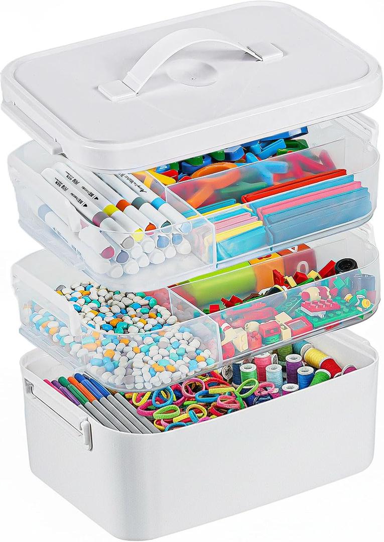 3-Layer Plastic Craft Organizers and Storage Box with Removable Trays, Storage Containers with lids and Handle, Art Supply Storage Organizer for Bead, Ornament, Nail Polish, Tape10.62" x9"x7.67"