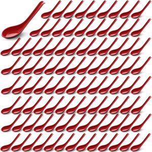 Hushee 100 Pcs Asian Chinese Soup Spoons 6.3 Inches Japanese Korean Miso Soup Spoons Red and Black Bulk with Hook for Soba Wonton Rice Pho Ramen Noodle Dumpling