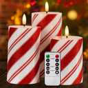 Red Glitter Striped LED Flameless Candles Set of 3, Battery Operated Real Wax Pillar Candles with Timer, Christmas Flickering Candles for Holiday Party Decoration (D3 x H4 5" 6")