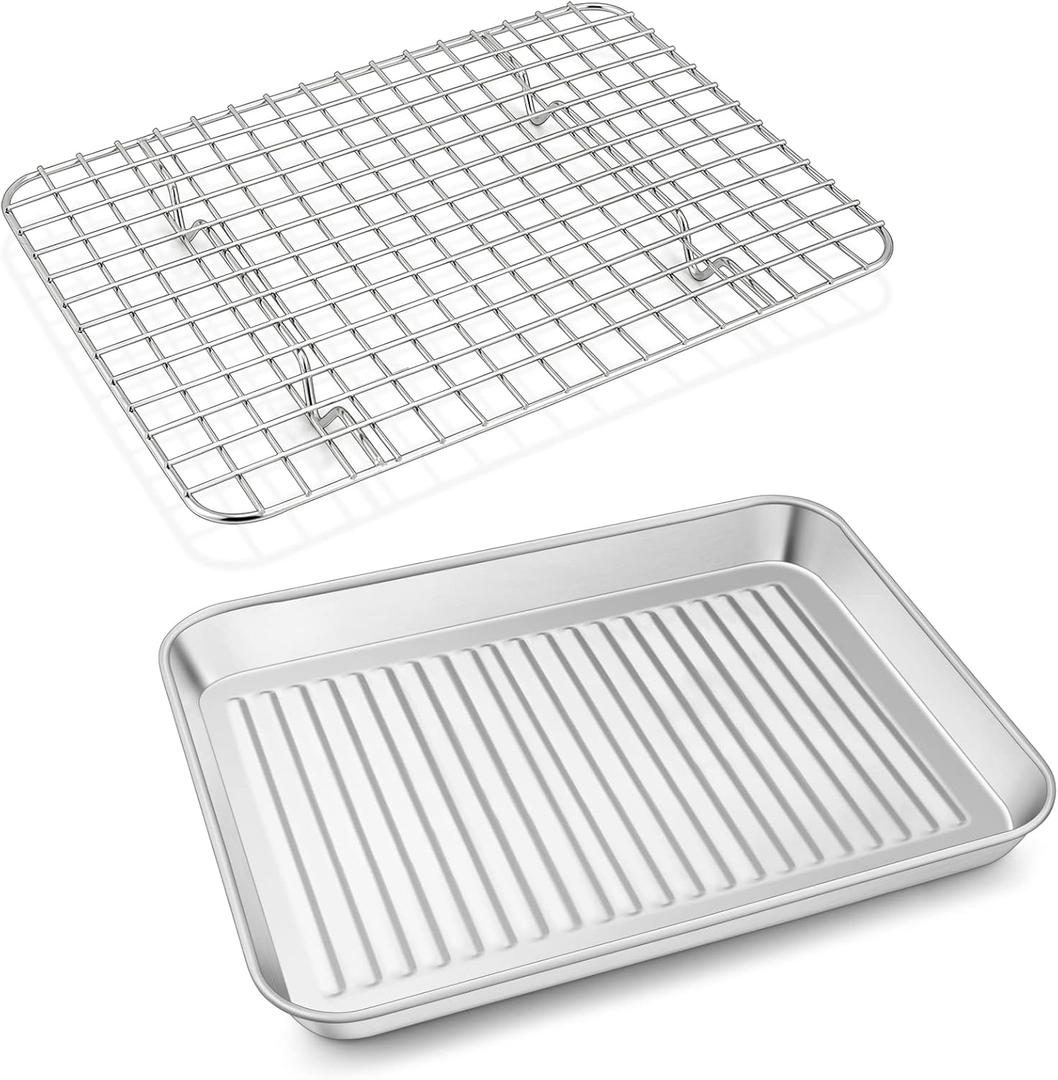 P&P CHEF Baking Oven Pan with Wire Rack, Stainless Steel Baking Oven Sheet Tray, Bacon Pan and Cooling Rack for Cooking Roasting Cookie, Dishwasher Safe & Easy Clean, 10.5 x 8 x 1 Inch