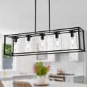 VINLUZ Farmhouse Chandeliers Rectangle Black 5 Light Dining Room Lighting Fixtures Hanging, Kitchen Island Cage Pendant Lights Contemporary Modern Ceiling Light with Glass Shade Adjustable Rods