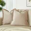 JUSPURBET Champagne Decorative Velvet Fringe Throw Pillow Covers 20x20 Set of 2 Boho Soft Cushion Case for Home Decor Living Room Couch Sofa Bed