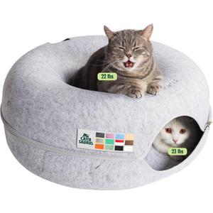 Cattasaurus Peekaboo Cat Cave Donut for Multiple & Large Cats up to 30-45 lbs, 3-in-1 Self Warming Cat Bed, Tunnel & Scratcher for Indoor Cats, Washable & Detachable Small Dog Bed (Light Gray, Large)
