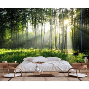 Sunshine in The Woods Mural, Large Jungle Mural, Suitable for Decorating Bedroom, Living Room, Bath Room Background Wall(Non-self-Adhesive)