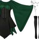Haysandy 4 Pcs Women Elf Costume Renaissance Traditional Irish Dress Fairy Ears for Halloween Cosplay (X-Small, Green, Black)