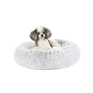 Bedfolks Calming Donut Dog Bed, 23 Inches Round Fluffy Dog Beds for Small Dogs, Machine Washable Anti-Anxiety Plush Puppy Bed（Light Grey, Small）