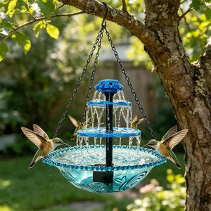 Solar Powered Hanging Bird Bath Fountain, 3-Tier Cascading Water Feeder for Hummingbirds Wild Birds[16.4FT/Extra Long Cord] for Outdoor,Garden, Patio, Backyard Decor