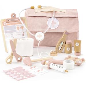 Wooden Doctor Play Set for Toddlers - A Complete Durable Pretend Play Medical Kit for Kids 3-5 with Realistic, Non-Toxic Tools & Carrying Case (Pink)