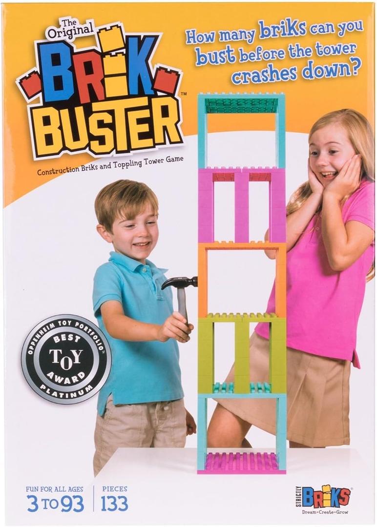 Strictly Briks Brik Buster, Construction Bricks and Toppling Tower Game, 133 Pieces, 100% Compatible with All Major Brick Brands, Fun for All Ages 3+, Award Winning Game Created by Kids for Kids