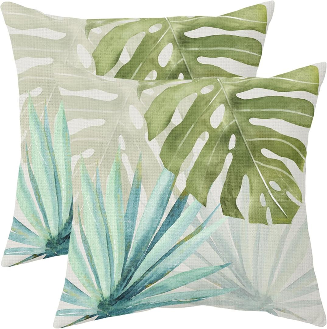 Tropical Pillow Covers 18x18 Set of 2 Summer Blue Green Palm Monstera Leaf Outdoor Decorative Throw Pillows Farmhouse Hawaiian Holiday Pillowcases Linen Cushion Case Decor for Home Sofa Couch Bed