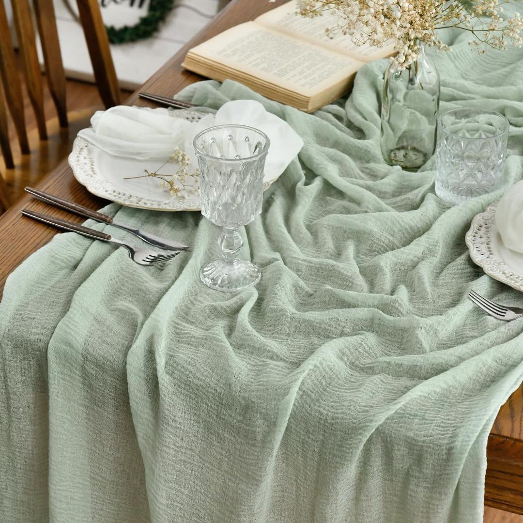 Artoid Mode Boho Cheesecloth Gauze Sage Green Wedding Table Runner, 160 Inch Seasonal Fabric Kitchen Dining Holiday Table Decor for Home Party Indoor