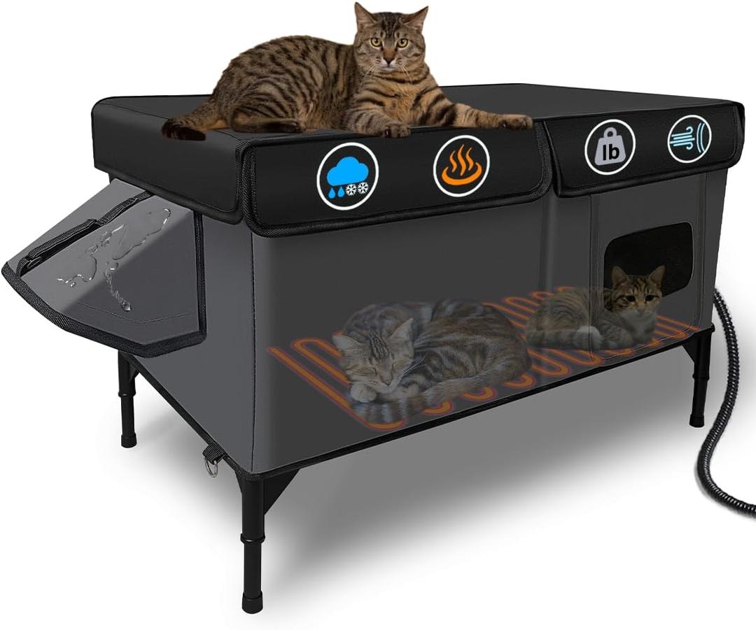 Heated Cat House for Outside Insulated in Winter,Super Large,Fully Waterproof,Adjustable Awning,Escape Door,Indoor Outdoor Cat Shelter for Feral Stray Barn Cat to Stay Warm&Dry,Black/Gray,XXL Size (28.2"L x 16.2"W x 19.3"H)