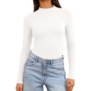 Jar of Love Women's Long Sleeve Shirts for Women Mock Turtle Neck Ribbed Slim Fit Fall Winter Thermal Underwear Tops (White, M)