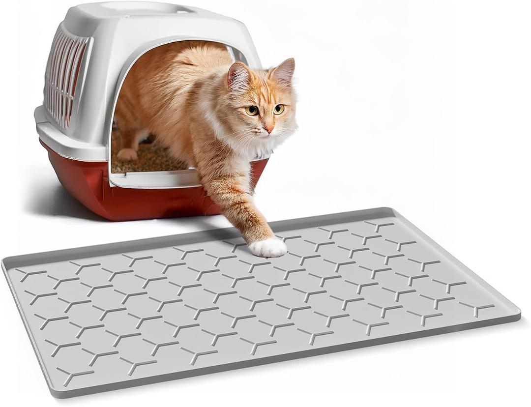 Garoopion Cat Litter Box Mat, Silicone Kitty Litter Mat, 24" X 16" Waterproof Silicone Pad for Floor, Light Gray (Grey)