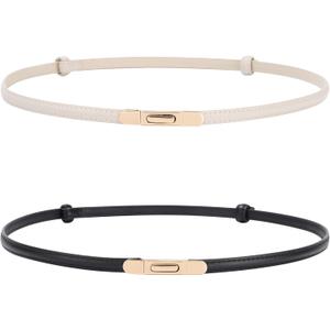AWAYTR Women Skinny Leather Belt - 2 Pack Adjustable Thin Leather Belt for Jeans Dress with Gold Buckle (Fit Waist: 28"-44", Black+beige)