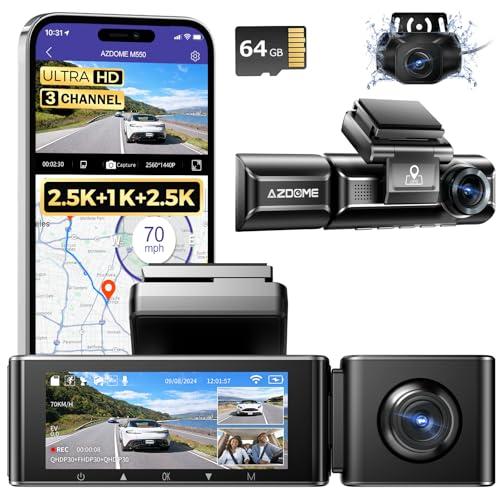 AZDOME M550 3 Channel Dash Cam, 4K+2.5K Front and Rear, 2.5K+1080P+2.5K Front Rear Inside Triple Car Camera Built-in WiFi GPS, 64GB Card Included, 3.19" Screen, WDR IR Night Vision, 24H Parking Mode