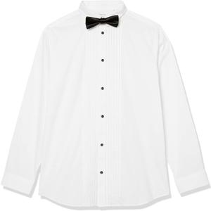 Calvin Klein boys Long Sleeve Tuxedo Dress Shirt With Bow Tie, Button-down Style With Classic Pleated Bib, Includes Matching Hanky (White)