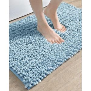 DEXI Bathroom Rug 16x24, Super Soft Thick Chenille Absorbent Bath Mat, Non Slip Machine Washable Fluffy Shag Bathmat for Tub, Shower Floor, Light Blue