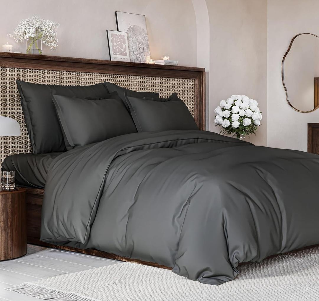 Duvet Cover Full Size Set - Extra Soft Full Size Duvet Cover 80 x 90 with 2 Pillow Shams - Hotel Luxury Easy Care and Fade Free with Zipper Closures & Ties - Comfy Breathable Bedding Set (Charcoal) (08 - Charcoal (No Comforter))