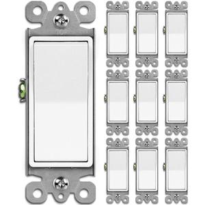 BESTTEN 10 Pack Single Pole Decorator Light Switch with Wallplate, 15A 120/277V, Rocker Paddle Wall Switch, On/Off Interrupter for LED and Other Lamps