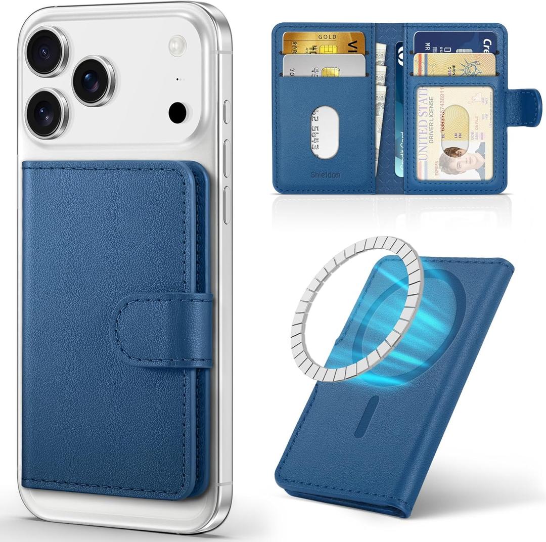 SHIELDON Genuine Leather Strong Magnetic Wallet Compatible with MagSafe - RFID Blocking 6 Card Slots ID Window, Slim Card Holder for iPhone 17/16/15/14/13/12 Series & Magnetic Cases - Nappa Royal Blue