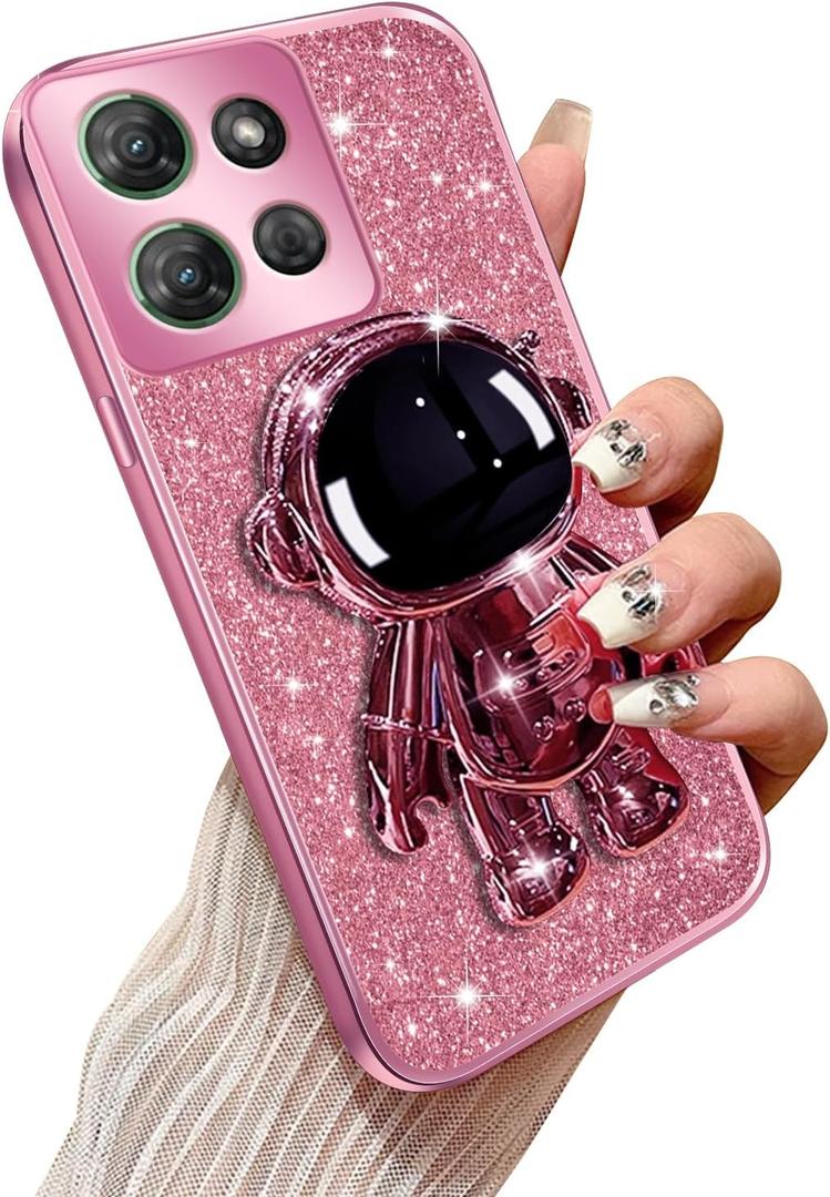 Phone Case for Motorola Moto G Power 5g 2025 with Astronaut Kickstand & Lanyard Soft TPU Bling Shockproof Protection Cover for Motorola G Power 5g 2025 Case, Rose Gold (Pink)