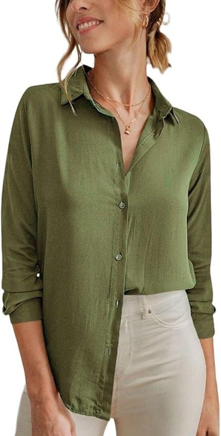 Womens Button Down Shirts Dress Shirts Long Sleeve Black Viscose Collared Work Office Solid Blouses Tops, M