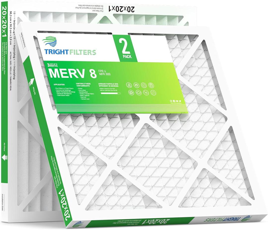 TRIGHTFILTERS 20x20x1 Air Filter 2 Pack, Durable MERV 8 Pleated Home HVAC AC Furnace Filters, Lightweight Compact Air Conditioner Filter Replacement