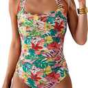 Eomenie Women One Piece Tummy Control Swimsuit Halter Scallop Trim Bathing Suits 1 Piece Vintage Ruched Slimming Swimwear Size XL