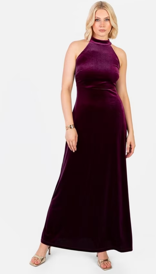 Maya Deluxe Halterneck Velvet Maxi Dress, Rich Purple M