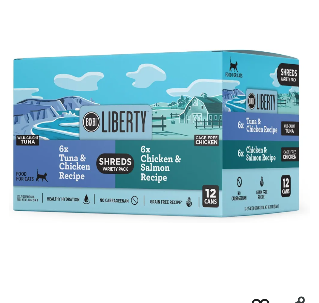 BIXBI Liberty Wet Cat Food Shreds Variety Pack Featuring Chicken/Salmon Recipe & Tuna/Chicken Recipe – (2.75 Ounce Cans, Case of 12) Best By 06/2025