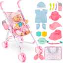 deAO Baby Doll Stroller Set with 13 inch Doll,Kids Play Stroller Toys,13" Baby Doll Set with Foldable Doll Stroller,18 PCS Baby Doll Accessories with 2 Sets Doll Clothes