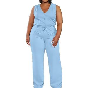 Women's Plus Size Pant Suits 2 Piece Outfits Button Vest Blazer Pockets Wide Leg Pants Sets Casual Pantsuits 4XL