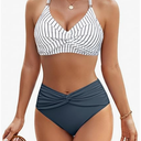 Blooming Jelly Women's High Waisted Bikini Sets Matel Tummy Control Swimsuits V Neck Twist Front Bathing Suit  (Medium, Stripe Blue)