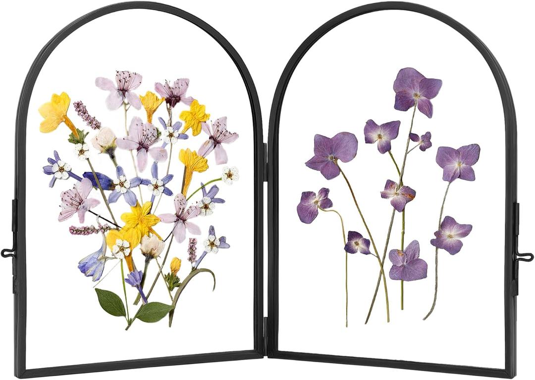 REDHUGO Double Glass Frame for Pressed Flowers, Handmade, Pressed Flower Frame, Hinged Tabletop Brass Photo Frames, Dried Flower Display Folding Picture Frame for Home, ArcShaped, Black, 57 Inches
