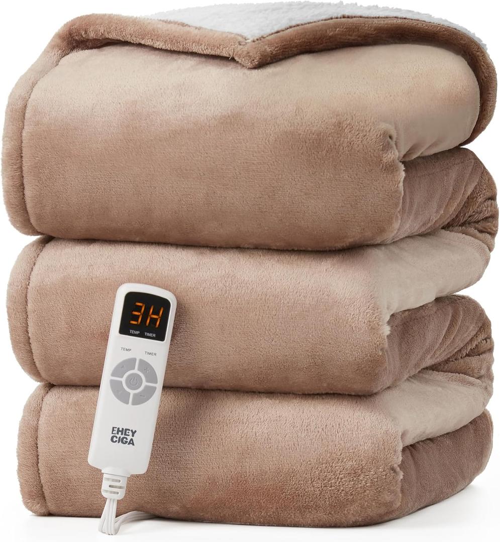 EHEYCIGA Electric Heated Blanket Throw - Sherpa & Fleece, 9 Heating Levels, Auto Off, 50 x 60 Inches, Beige (Camel)