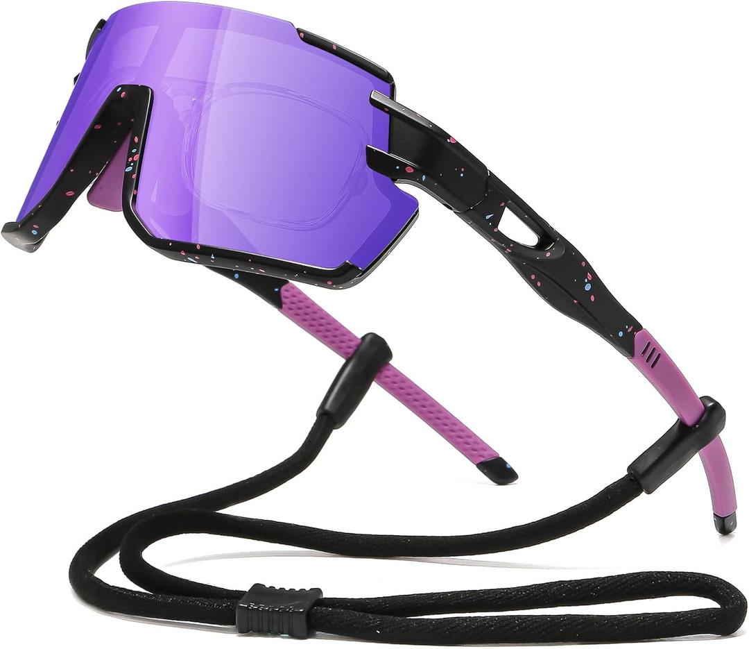 Suertree Polarized Cycling Sunglasses for Men Women UV Protection with Myopia Clip Baseball Biking Running MTB Sun Glasses (Black/Purple)