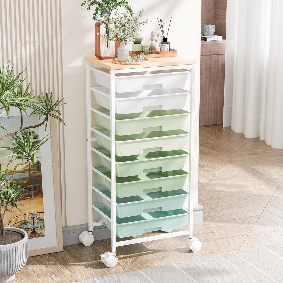 Ekisemio Rolling Cart with 8 Drawers, Storage Drawers Cart with Wooden Tabletop and Lockable Wheels, Utility Cart for Living Room, Office, Classroom, Craft Room, Green