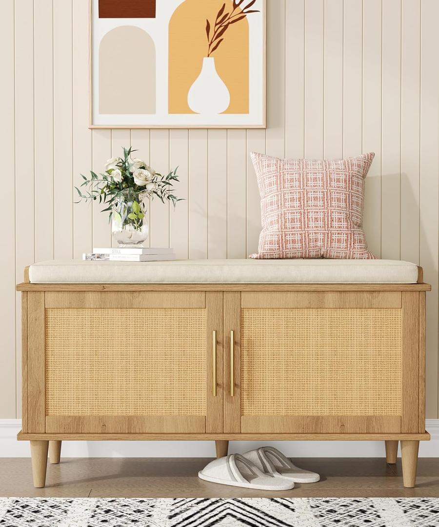 Akxomel Natural Rattan Shoe Storage Bench with Cushion, Entryway Shoe Cabinet Bench with 2 Doors, 15"D x 39.4"W x 20"H, Wooden Shoe Organizer, Adjustable Shelf, Solid Wood Legs, for Hallway, Bedroom