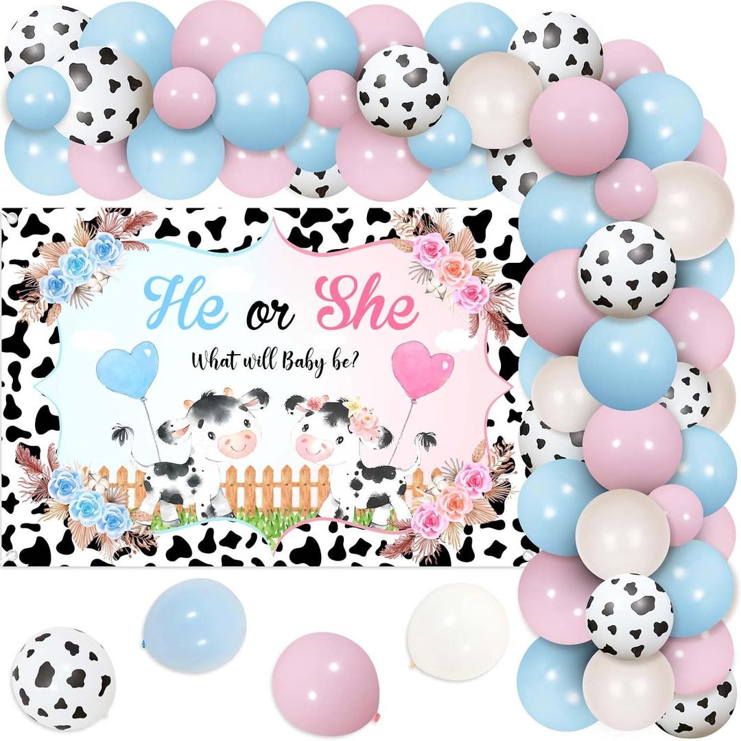 Jollyboom Cow Gender Reveal Decorations, He or She what will be Backdrop Balloons Garland Kit for Cow Theme Gender Reveal Cowgirl Cowboy Baby Shower Party Decorations